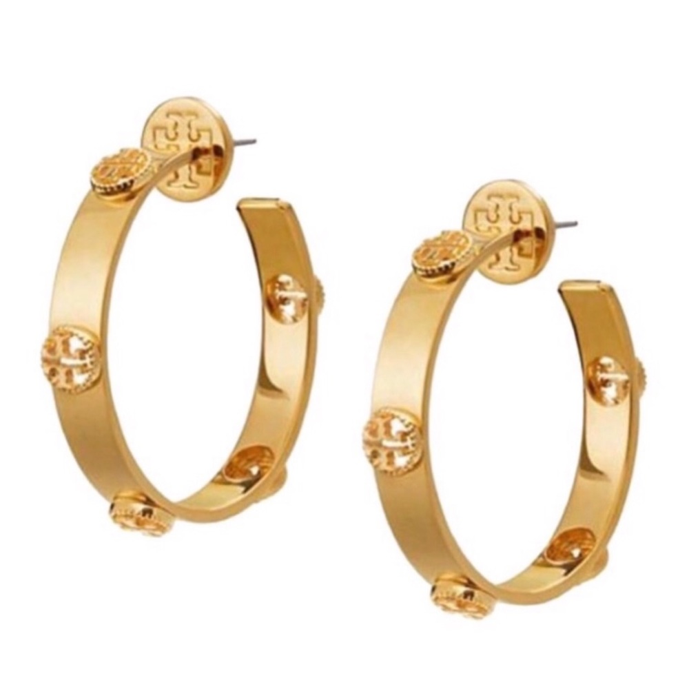 TORY BURCH • Gold Milgrain Logo Hoop Earrings - Picture 3 of 6
